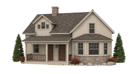 A beige house with a wooden exterior and a stone foundation, surrounded by greenery and red flowers, set against a white background.