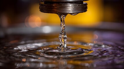 Close up of a single water drop forming a stream from a metallic nozzle onto a rippling liquid surface with blurred warm background