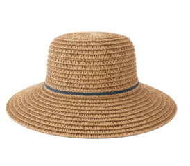 A straw hat with a blue band on a png transparent.