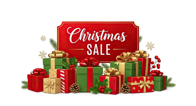 Christmas gift boxes with ribbons and bows on a red background.