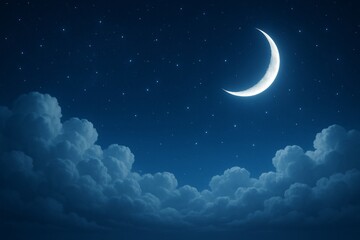 Crescent moon glowing above fluffy clouds in a serene night sky filled with stars, peaceful and dreamy celestial night landscape concept scene. Ai generative