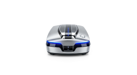 A sleek, metallic robot with blue lights on its top, standing on a white surface with a clean, minimalist design.