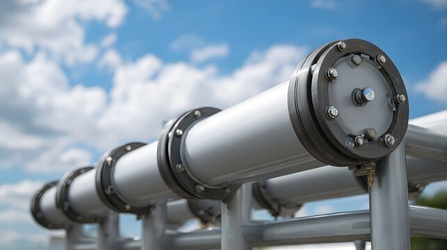 Series of industrial pipes and flanges supported by metal structures set against a bright blue sky with scattered clouds