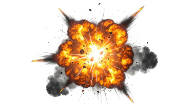 A fiery explosion with bright orange flames and black smoke against a white background.