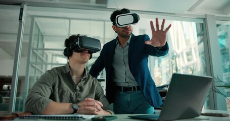 Businessmen, laptop or vr headset with simulation in office for virtual development. Male people, employees or app designers with artificial reality for corporate cyberspace or testing technology - Powered by Adobe