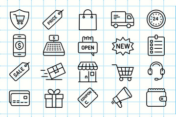 Collection of hand drawn shopping and e commerce icons on grid paper