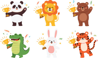 Cute Cartoon Animals Holding Golden Trophies Vector Set: Panda, Lion, Bear, Alligator, Rabbit, and Tiger Celebrating Success, Achievement, and Victory in a Competition