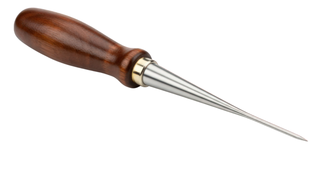 Sharp awl with wooden handle against the transparent background