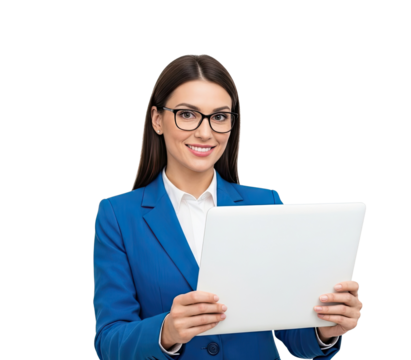 A businesswoman in a blue suit holding a laptop computer.