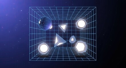 Dive into futuristic grid space with glowing geometric shapes, perfect for tech, design, or modern abstract concepts in vibrant, dynamic presentations
