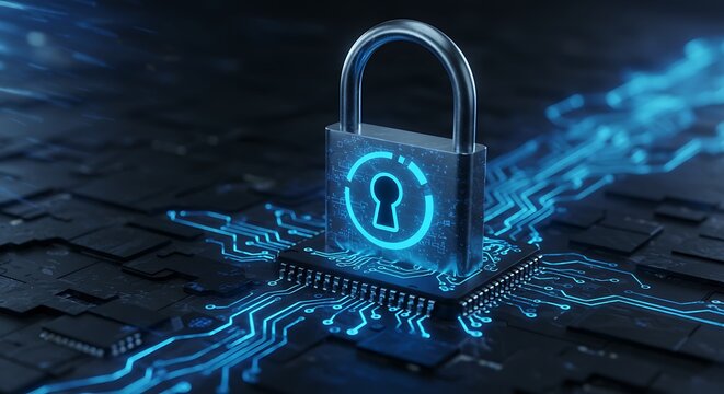 Digital padlock on a computer chip with glowing blue circuits, symbolizing cybersecurity and data protection in the digital age