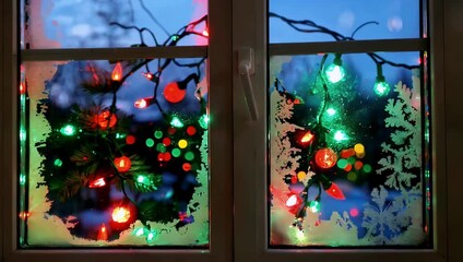 Window display featuring multicolor christmas lights and snowflake decals in a winter night scene - Powered by Adobe
