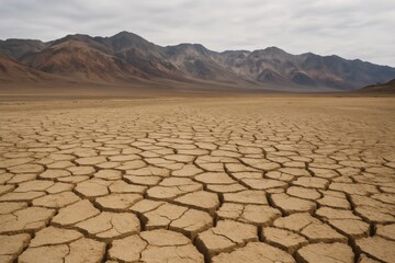 Cracked desert ground under cloudy sky with distant mountain range, illustrating arid climate and drought crisis concept in barren landscape setting. Ai generative