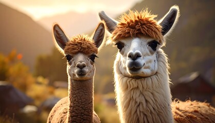 Obraz premium Two gentle alpacas pose for a portrait outdoors at sunset.