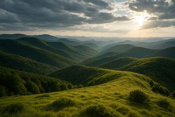 Obraz premium Rolling green mountain landscape under dramatic cloudy sky with sun rays shining through, evoking a peaceful and natural concept of untouched wilderness. Ai generative
