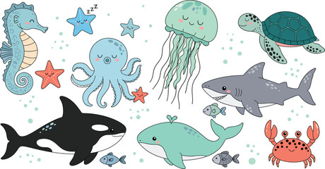Cute Cartoon Sea Animals Vector Set: Seahorse, Octopus, Jellyfish, Shark, Whale, Crab, and Turtle, Perfect for Children's Book Illustration, Education, and Undersea Design