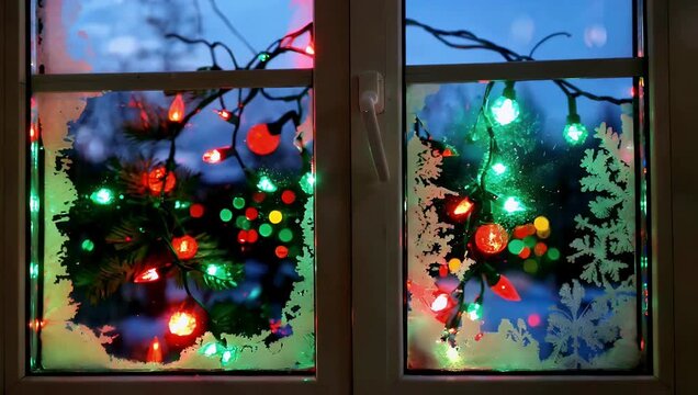 Window display featuring multicolor christmas lights and snowflake decals in a winter night scene