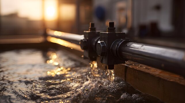 Water drips from a metal pipe in an industrial setting bathed in the warm golden light of sunset creating ripples