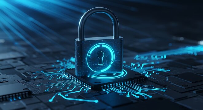 Digital padlock on a computer chip with glowing blue circuits, symbolizing cybersecurity and data protection in the digital age