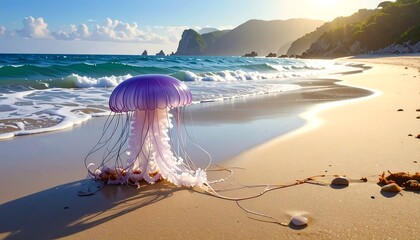 A vibrant purple jellyfish rests on a sun-kissed sandy beach, water gently lapping the shore, with cliffs and sunlight in the background