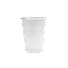 Single Clear Disposable Plastic Cup With Ribbed Texture Isolated on a Pure White Background Studio Lighting Highlights the Transparent Material