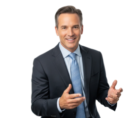 A man in a suit and tie, smiling and gesturing with his hands.