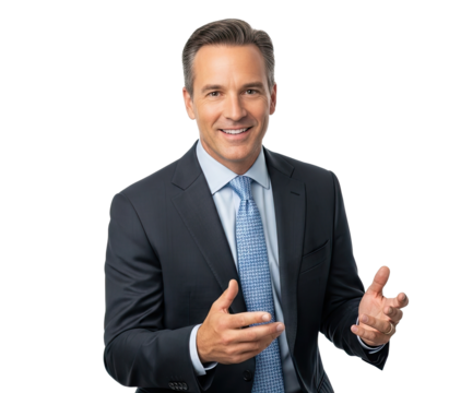 A man in a suit and tie, smiling and gesturing with his hands.