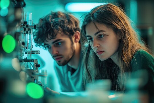 Young male and female researchers intently examining lab equipment, highlighting scientific collaboration and discovery in a modern research facility.