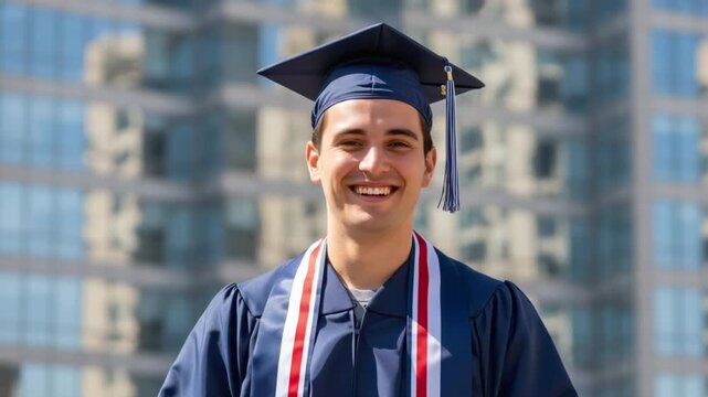 Portrait of a cheerful young Caucasian male graduate in a blue graduation cap, gown, and stole smiling outside a modern campus building.   