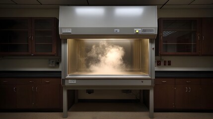Obraz premium Laboratory fume hood with visible smoke or vapor showcasing scientific research and containment procedures