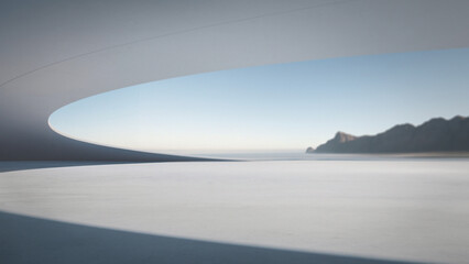 Wide open minimalist background featuring a curved overhead cutout, bright sky, faint distant mountains and smooth light surfaces creating a calm expansive backdrop.