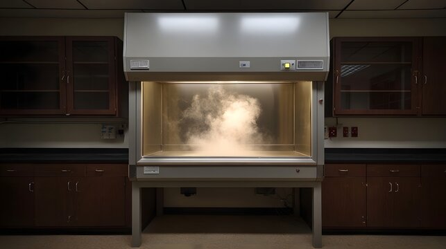 Laboratory fume hood with visible smoke or vapor showcasing scientific research and containment procedures
