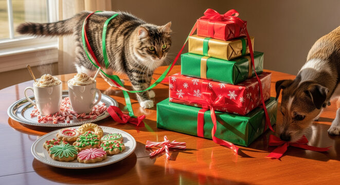 Tabby cat wearing a red ribbon curiously examines festive Christmas gifts and holiday treats with a dog in a sunlit room