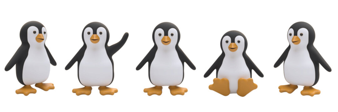 A cute 3d vector cartoon penguin character in five different poses. Friendly winter mascot set includes standing, waving and sitting poses with soft shading and rounded shapes. Isolated 3d render.