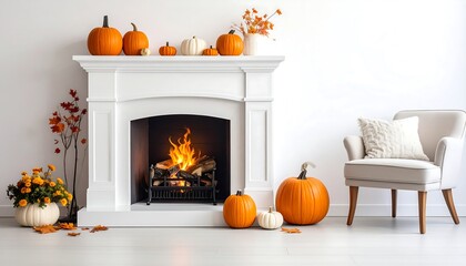 Obraz premium Autumnal Fireplace Decor - Pumpkins and Warmth in a Cozy Setting.