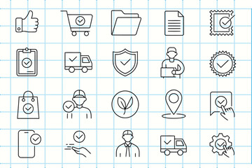 Online shopping and delivery verification icons set, doodle style