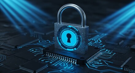 Digital padlock on a computer chip with glowing blue circuits, symbolizing cybersecurity and data protection in the digital age