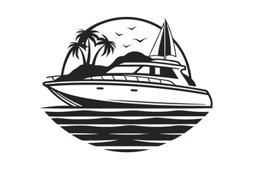Monochrome yacht sailing near island scenery with palms and birds creates tropical vibes