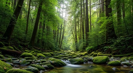 Sunlight filters through lush green ancient forest with mossy rocks and stream