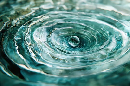 A crystal-clear water droplet hovers above a vibrant teal surface, creating mesmerizing concentric ripples. A captivating, high-speed capture of liquid beauty.