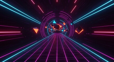 A neon tunnel with a grid floor and geometric shapes, evoking a retrofuturistic cyberspace aesthetic with vibrant pink and cyan lights