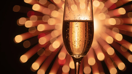 Sparkling champagne in glass with festive bokeh background creates celebratory atmosphere. Perfect for special occasions and toasting