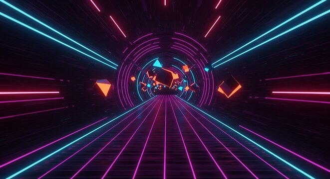 A neon tunnel with a grid floor and geometric shapes, evoking a retrofuturistic cyberspace aesthetic with vibrant pink and cyan lights - Powered by Adobe