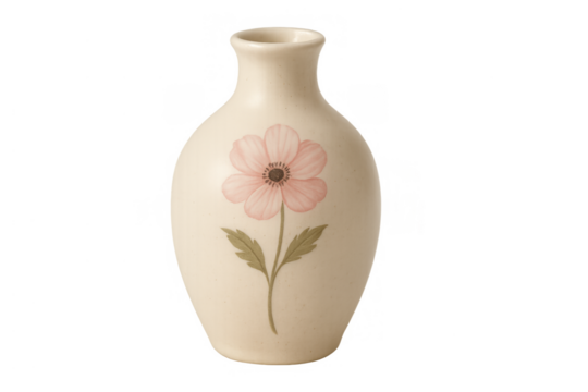 Ceramic vase with pastel pink floral illustration on a transparent background, depicting home decor and vintage style