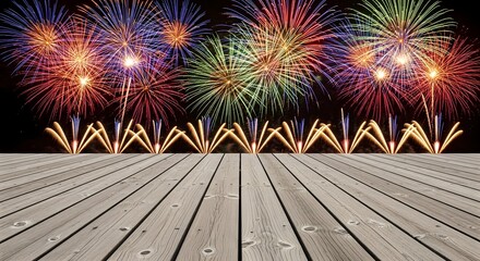 Wooden deck overlooking vibrant fireworks display at night