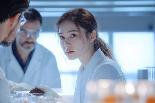 A focused female scientist in a lab coat observes, while colleagues examine samples of dark granular material in a modern laboratory.