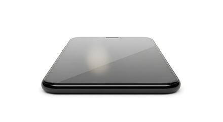 Close up view of a sleek black smartphone with a glossy screen on a plain white background studio shot