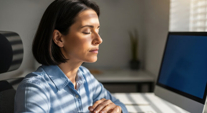 Professional woman practicing deep breathing at her desk for Brain Awareness Week.