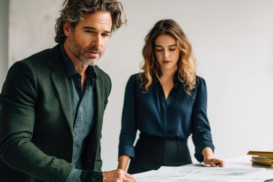 Two professionals, a man and a woman, intently review blueprints and documents in a modern office. The man looks directly at the camera.