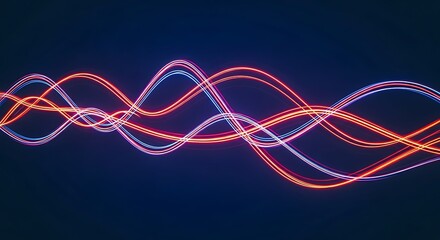 Abstract visualization of oscillating sound waves with bright neon lines on a dark blue background, representing audio frequencies and digital signals